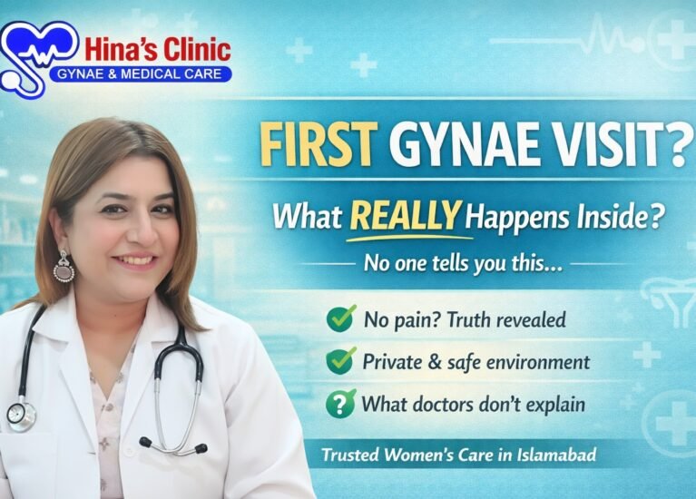 Female gynecologist smiling at Hina’s Clinic Islamabad explaining what happens during first gynae visit in a safe and private environment