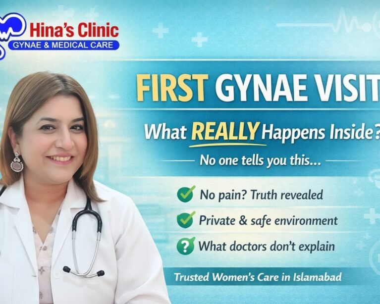 Female gynecologist smiling at Hina’s Clinic Islamabad explaining what happens during first gynae visit in a safe and private environment