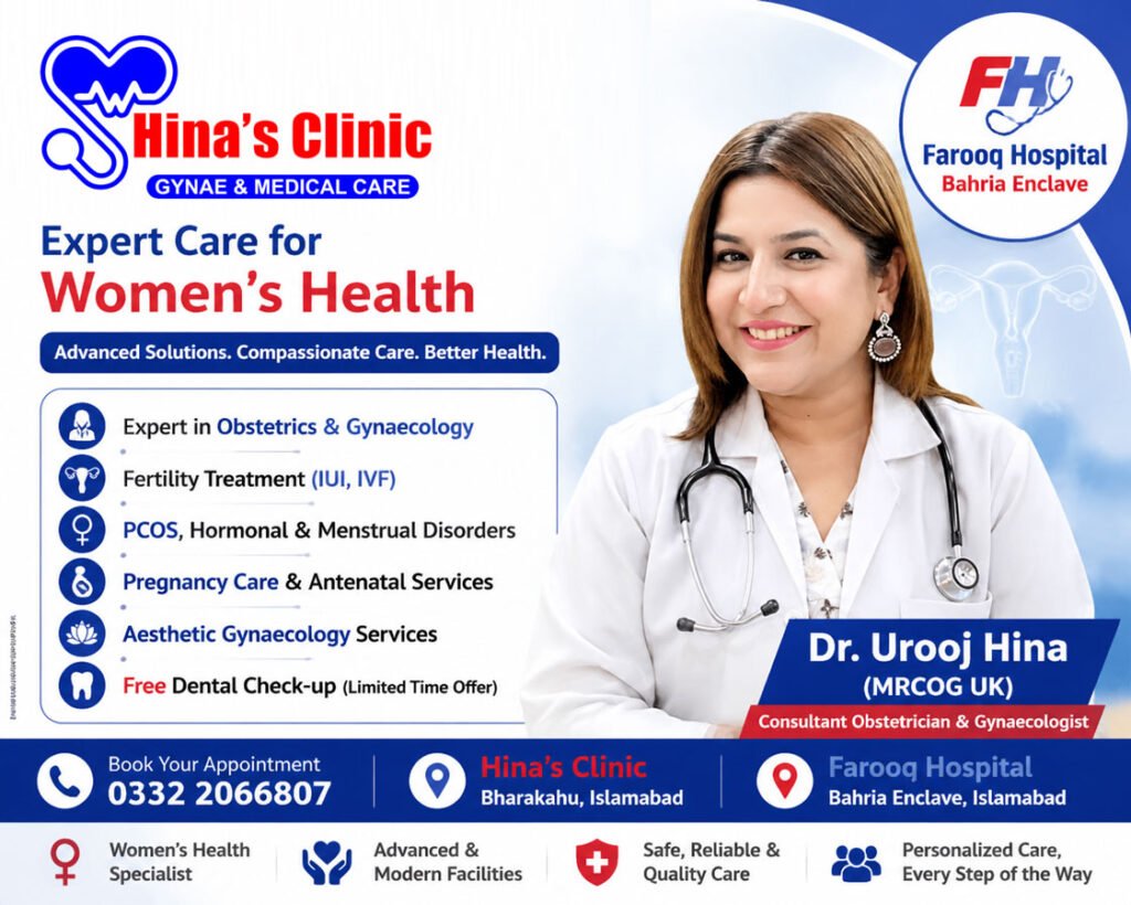 Aesthetic gynecologist in Islamabad Dr Urooj Hina at Hina’s Clinic and Farooq Hospital Bahria Enclave offering women health services including fertility, PCOS, pregnancy care, and aesthetic gynaecology treatments