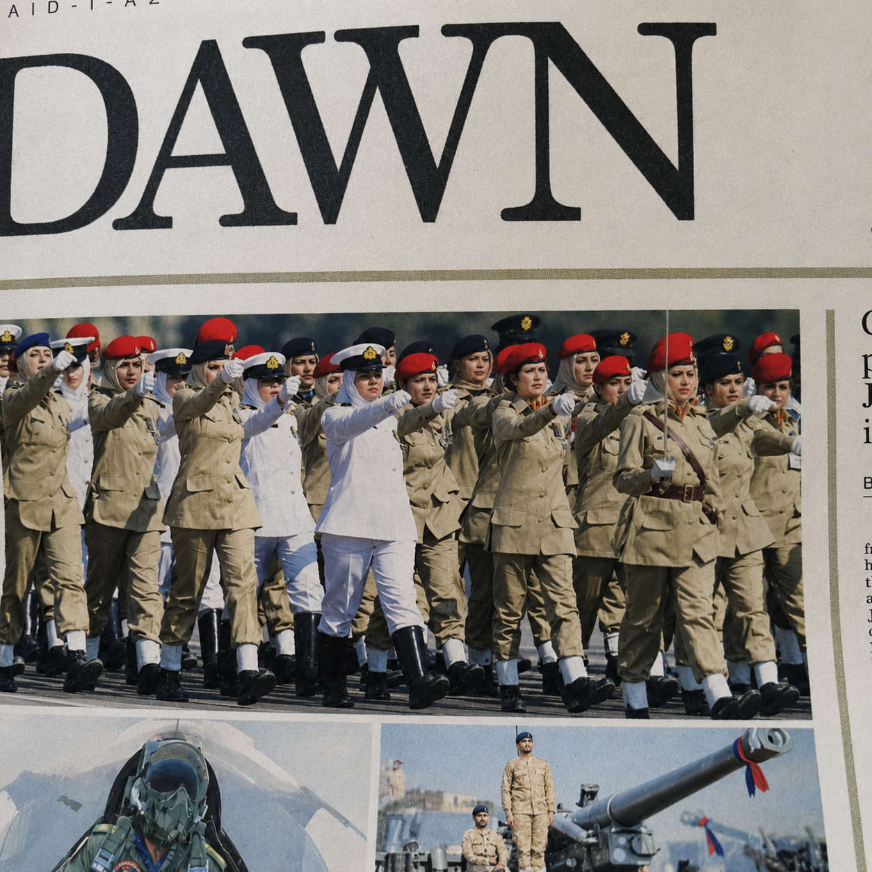 Dawn newspaper cutting featuring Dr. Urooj Hina leading a military parade, reflecting her disciplined service background and leadership journey