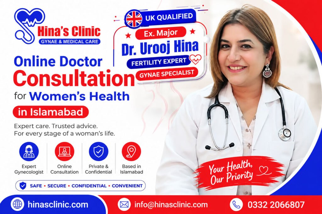 Dr. Urooj Hina providing online doctor consultation for women's health, gynecology, fertility, pregnancy care, and reproductive health services in Islamabad at Hina's Clinic.