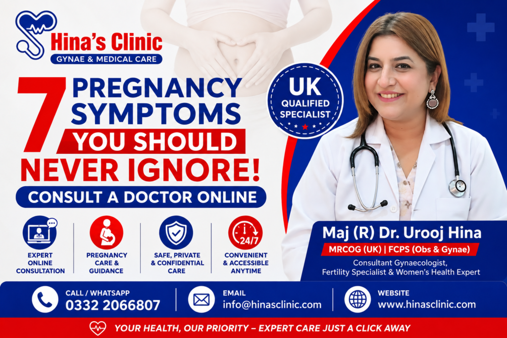 Maj (R) Dr Urooj Hina, UK Qualified Specialist, promoting online consultation for pregnancy care and warning signs during pregnancy at Hina's Clinic Islamabad.