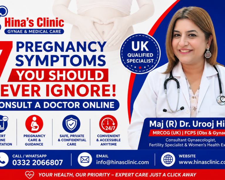 Maj (R) Dr Urooj Hina, UK Qualified Specialist, promoting online consultation for pregnancy care and warning signs during pregnancy at Hina's Clinic Islamabad.