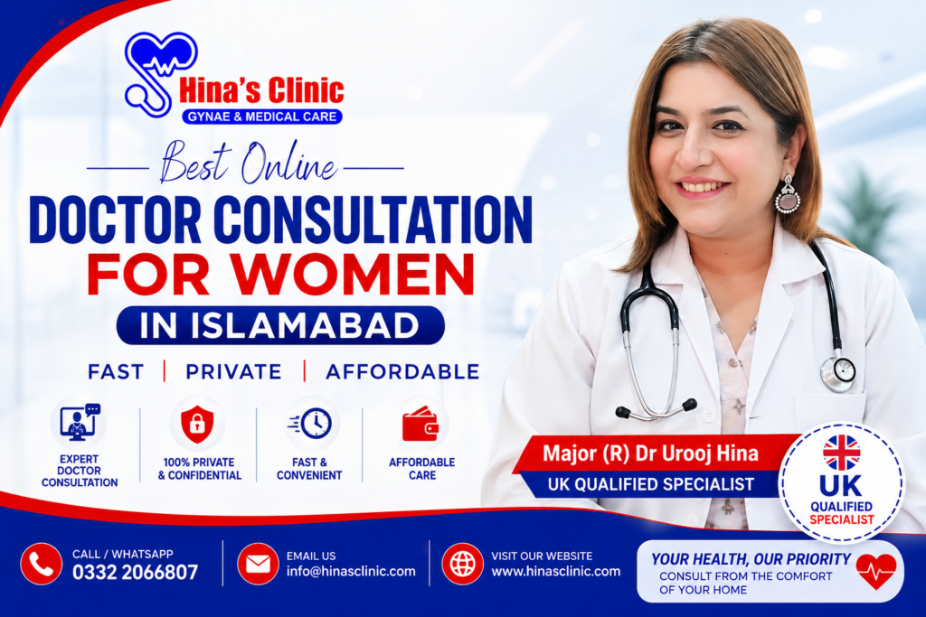Major (R) Dr Urooj Hina, UK Qualified Gynecologist and Fertility Specialist providing online doctor consultation for women in Islamabad through Hina's Clinic.