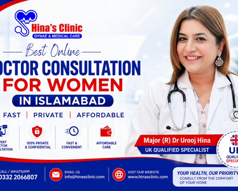 Major (R) Dr Urooj Hina, UK Qualified Gynecologist and Fertility Specialist providing online doctor consultation for women in Islamabad through Hina's Clinic.