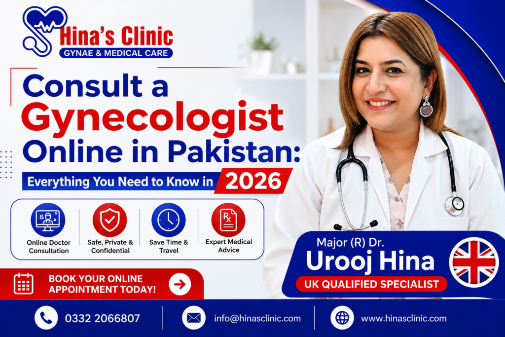 Major (R) Dr. Urooj Hina, UK Qualified Gynecologist, providing online doctor consultation services for women in Pakistan in 2026 through Hina's Clinic.