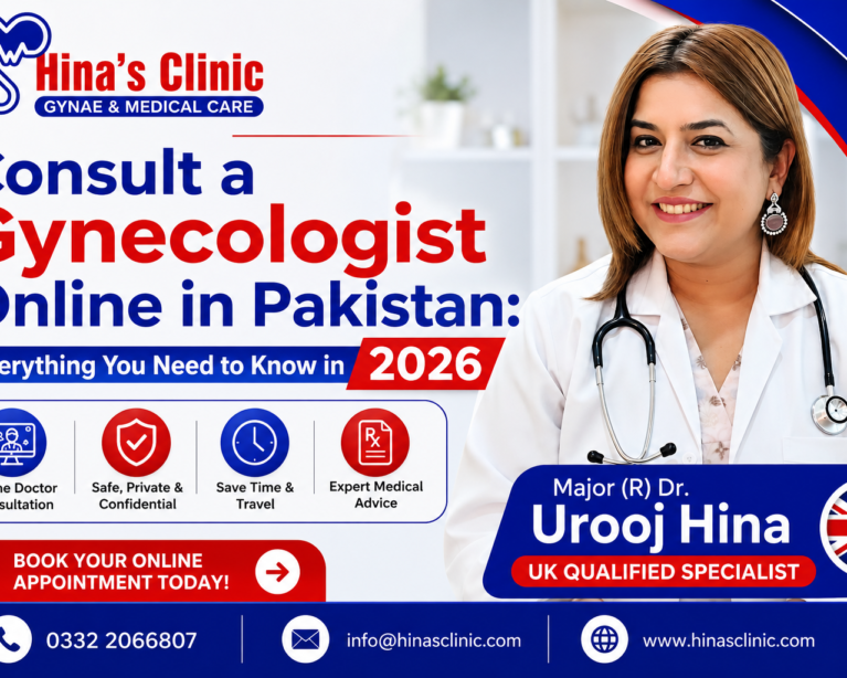 Major (R) Dr. Urooj Hina, UK Qualified Gynecologist, providing online doctor consultation services for women in Pakistan in 2026 through Hina's Clinic.