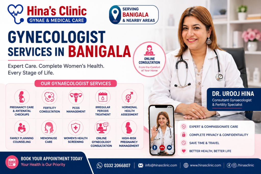 Dr. Urooj Hina providing professional gynecologist services in Banigala, Islamabad including pregnancy care, fertility consultation, PCOS treatment, menstrual disorder management, and women's health services at Hina’s Clinic.