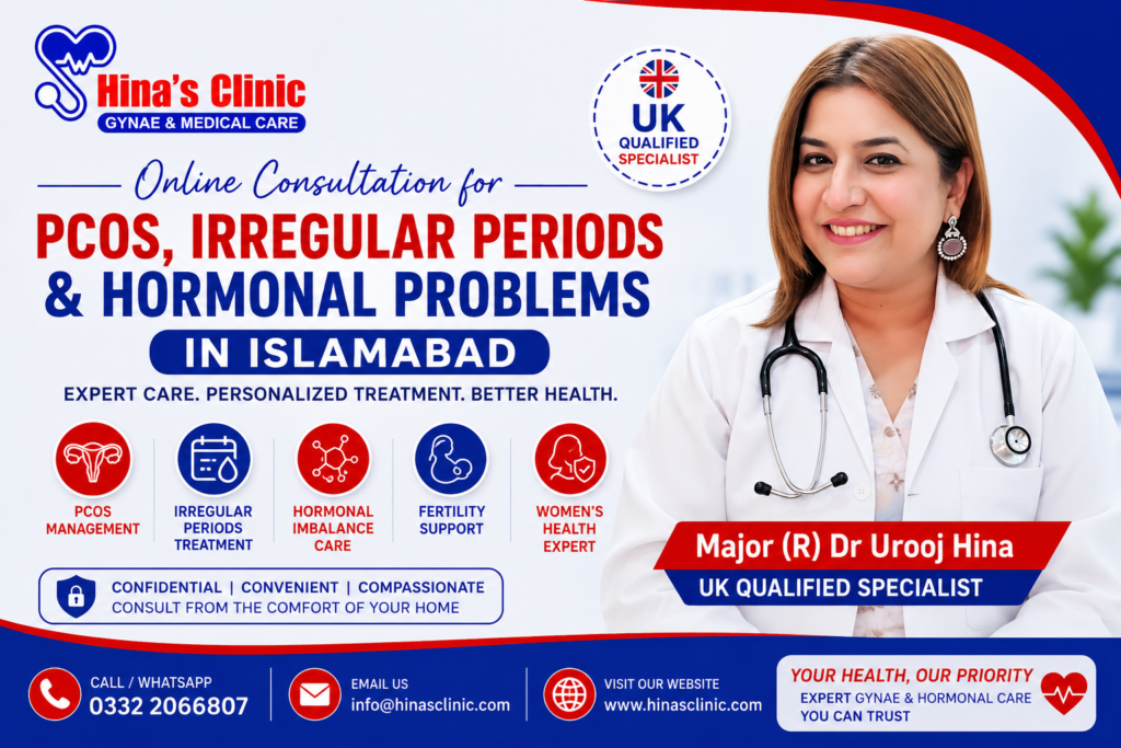 Major (R) Dr Urooj Hina, UK Qualified Specialist, providing online consultation for PCOS, irregular periods, hormonal imbalance, fertility concerns, and women's health issues in Islamabad.
