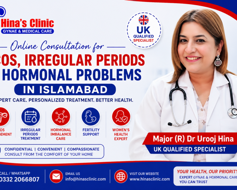 Major (R) Dr Urooj Hina, UK Qualified Specialist, providing online consultation for PCOS, irregular periods, hormonal imbalance, fertility concerns, and women's health issues in Islamabad.