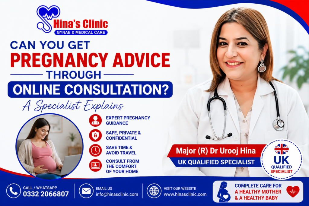 Major (R) Dr Urooj Hina, UK Qualified Specialist, providing online pregnancy consultation and prenatal care advice for women in Islamabad through Hina's Clinic.