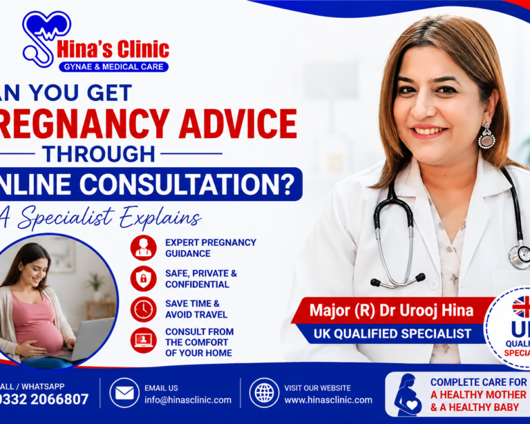 Major (R) Dr Urooj Hina, UK Qualified Specialist, providing online pregnancy consultation and prenatal care advice for women in Islamabad through Hina's Clinic.