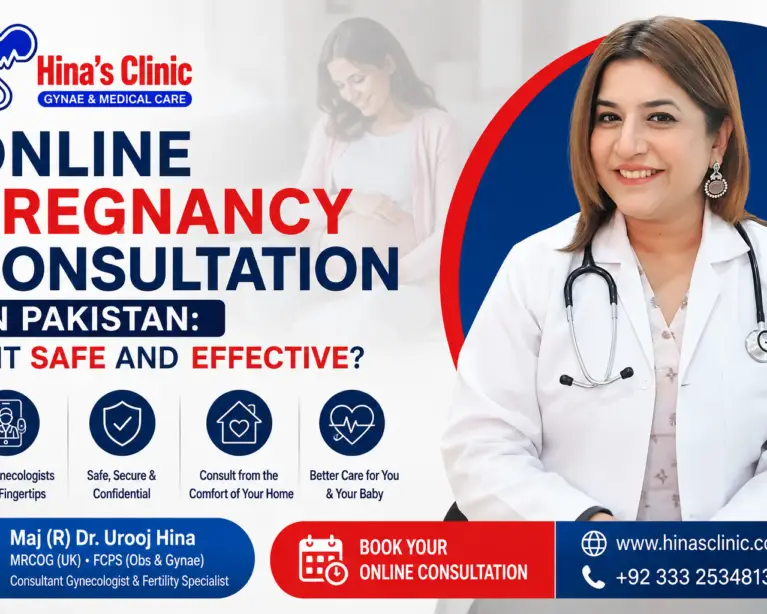 Maj (R) Dr. Urooj Hina providing online pregnancy consultation in Pakistan, offering safe, effective, and expert gynecological care through Hina's Clinic.