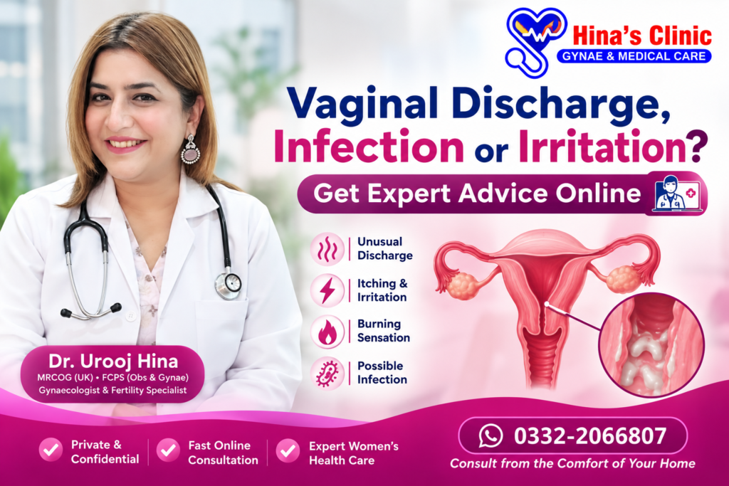Dr. Urooj Hina providing online gynecologist consultation for vaginal discharge, infection, itching, irritation, and women’s health concerns at Hina’s Clinic Islamabad.