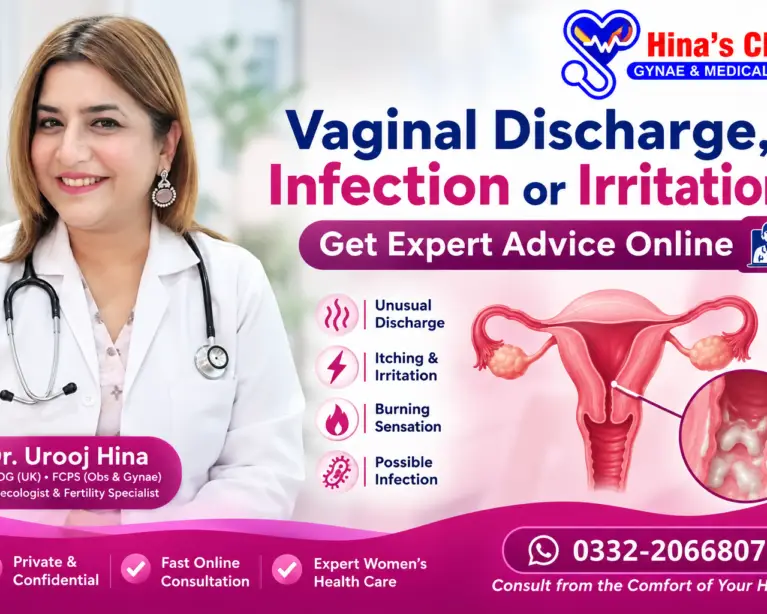 Dr. Urooj Hina providing online gynecologist consultation for vaginal discharge, infection, itching, irritation, and women’s health concerns at Hina’s Clinic Islamabad.